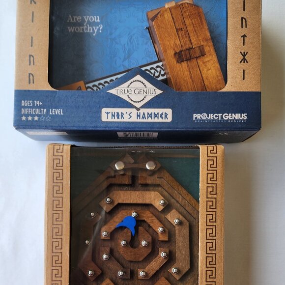 True Genius Wood Brain Teaser Two Puzzles Minotaur's Labyrinth & Thor's Hammer - Picture 1 of 9